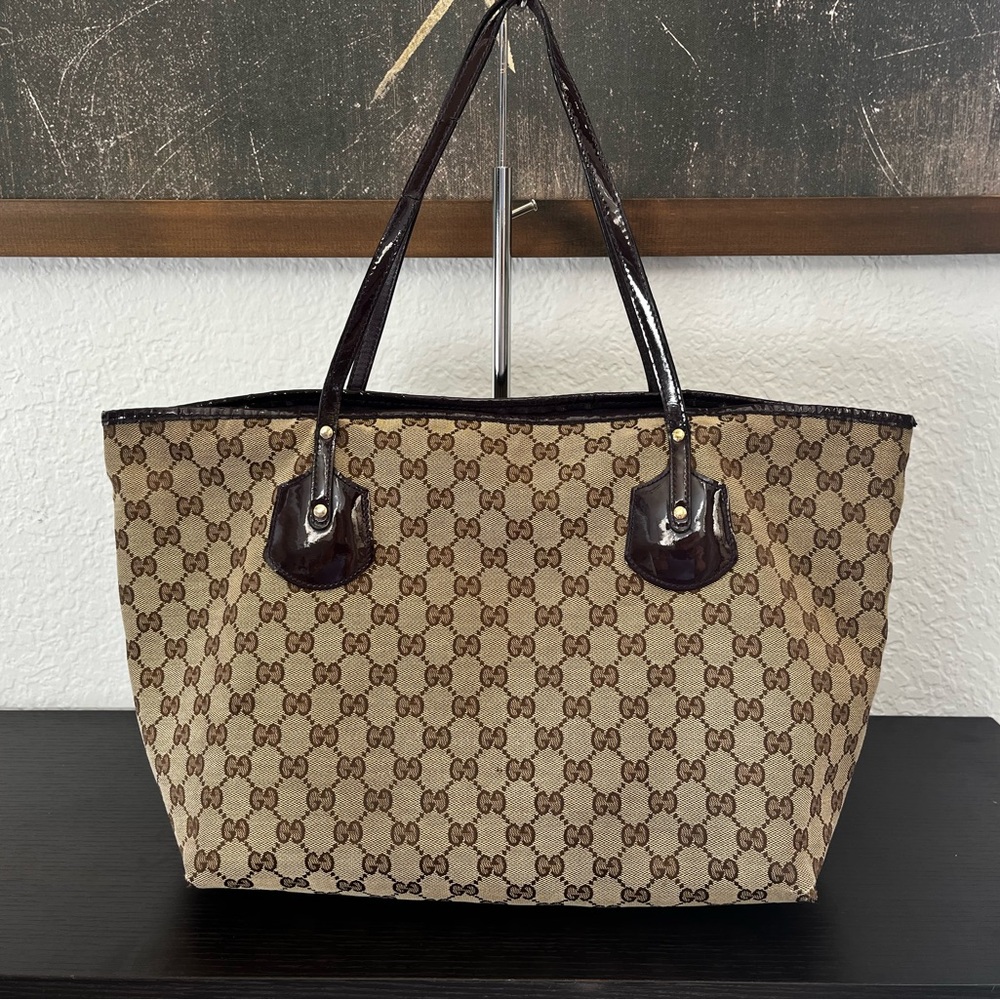 Gucci Brown with shiny dark purple Leather Trim Tote Bag